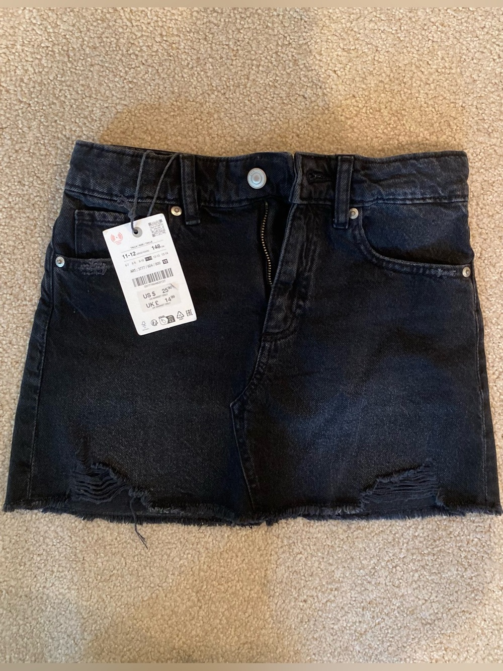 Zara Girls Black Denim Distressed Mini Skirt Pockets Zip 11-12Y 3777/604/800